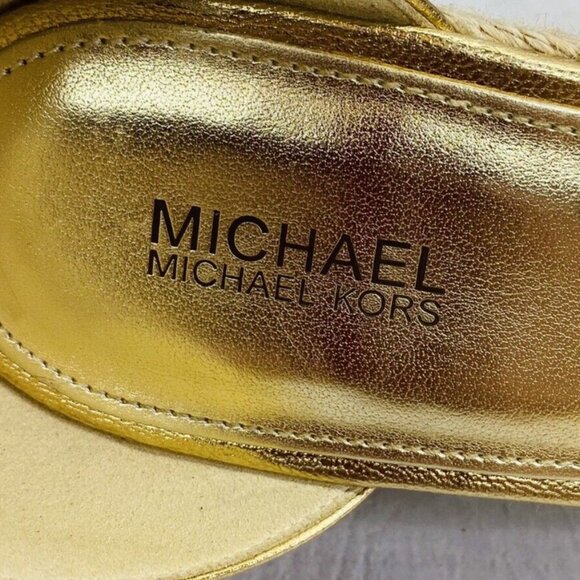 Michael Kors BELLA Gold Metallic Leather Ruffle Jute Platforms Sandals Sz 9 M 39 - Picture 9 of 12